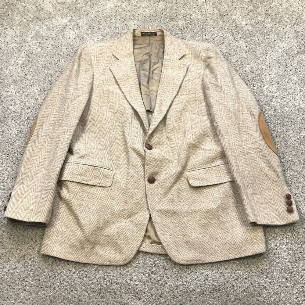 VTG Adams Row Blazer Adult 42R Beige Wool Herringbone Sport Coat Jacket USA 80s